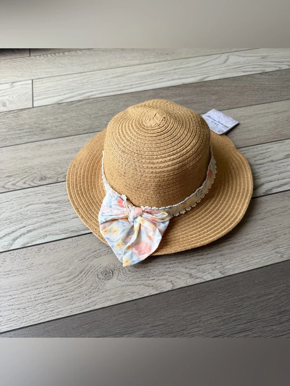 Tommy Bahama Kids Tan Straw Sun Hat with Pastel Floral Bow New